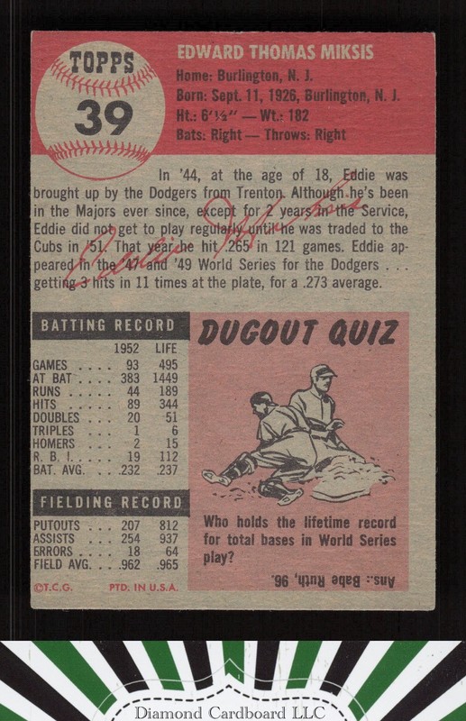 1953 Topps #39 Eddie Miksis VGEX e, back