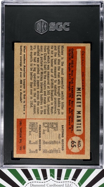 1954 Bowman #65 Mickey Mantle SGC 5, back