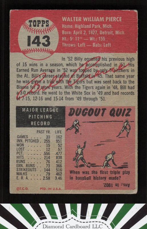 1953 Topps #143 Billy Pierce : Bio uses white text GD+ [CENTERED] d, back