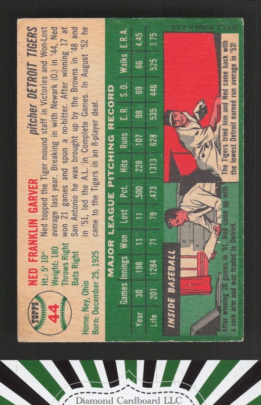 1954 Topps #44 Ned Garver VGEX b, back