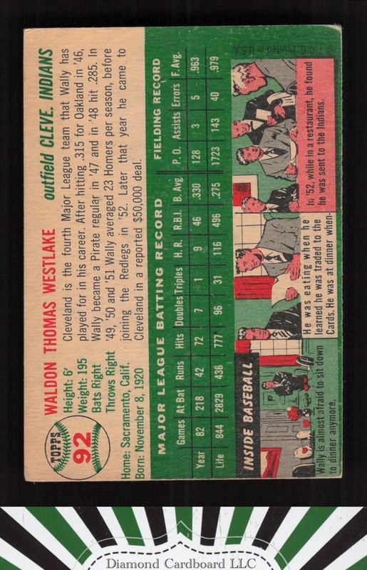 1954 Topps #92 Wally Westlake VG b, back