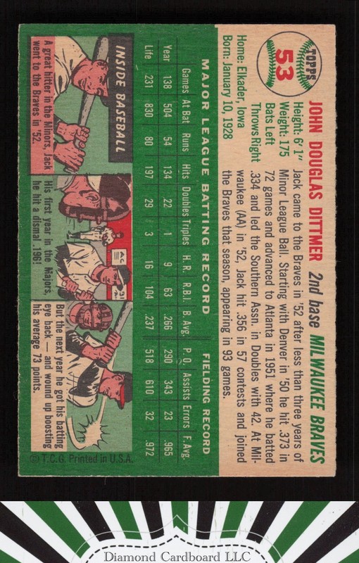 1954 Topps #53 Jack Dittmer VGEX+ d, back
