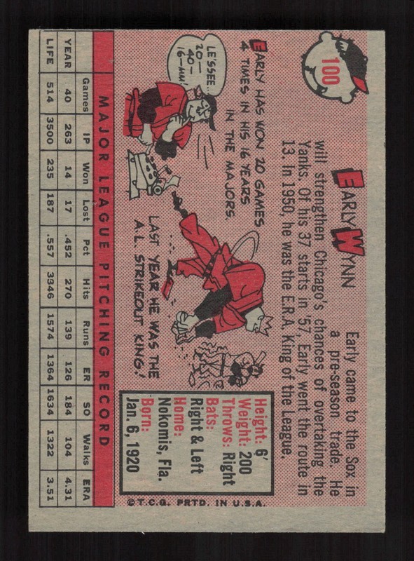 1958 Topps #100 Early Wynn White Letters EXMT (MC) h, back