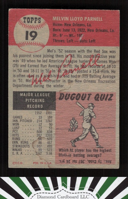 1953 Topps #19 Mel Parnell VGEX d, back
