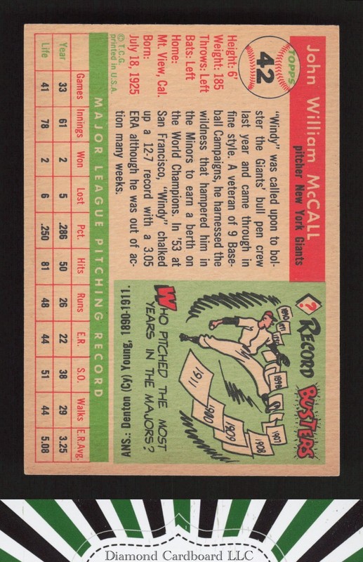 1955 Topps #42 Windy McCall VGEX+ g, back