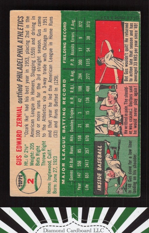 1954 Topps #2 Gus Zernial VG m, back