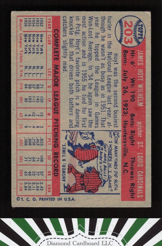 1957 Topps #203 Hoyt Wilhelm VG d, back