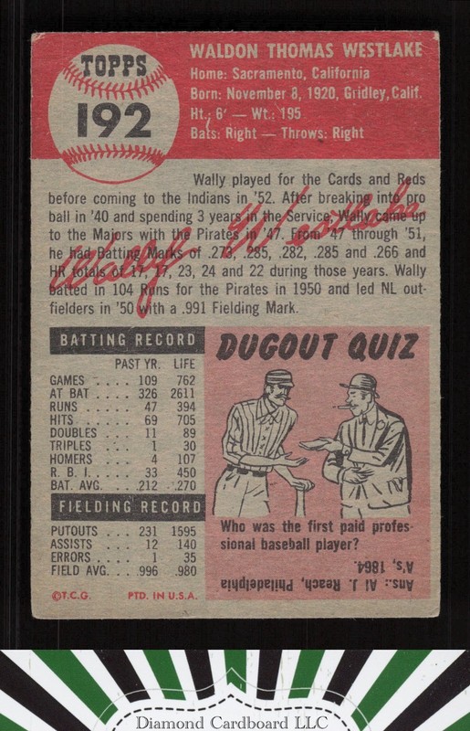 1953 Topps #192 Wally Westlake FR a, back