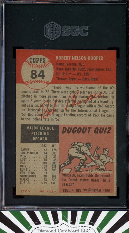 1953 Topps #84 Bob Hooper SGC 8 [] POP 7, 2 HIGHER, back