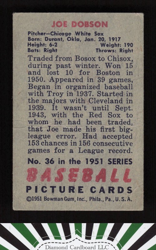 1951 Bowman #36 Joe Dobson GD+, back
