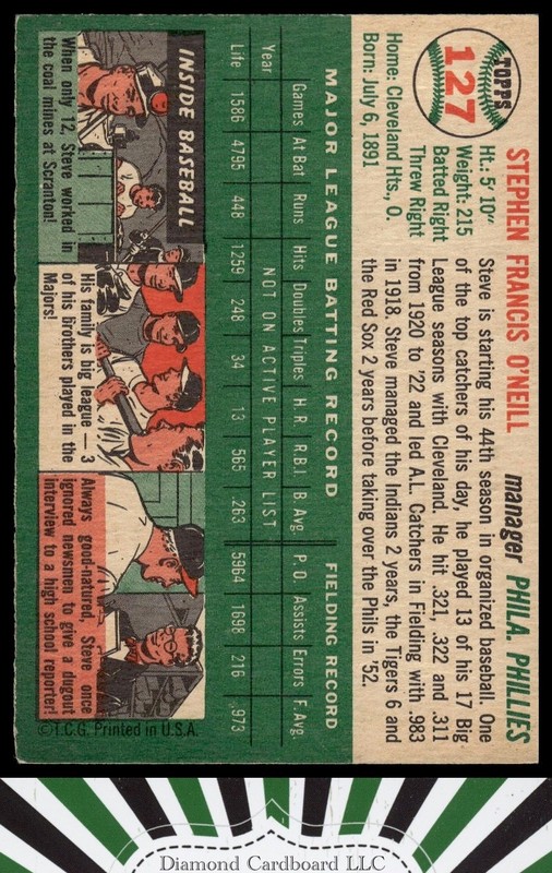 1954 Topps #127 Steve O'Neill EX (ST) l, back