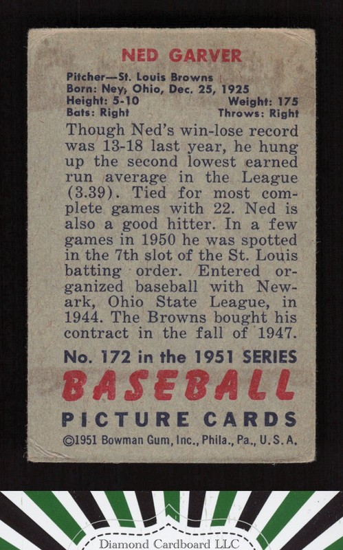 1951 Bowman #172 Ned Garver VG, back