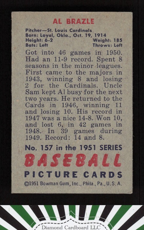 1951 Bowman #157 Al Brazle VGEX [CENTERED], back