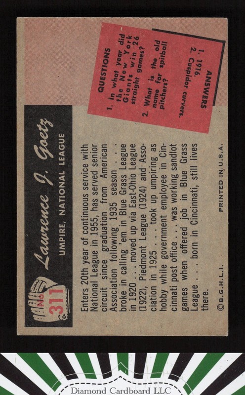 1955 Bowman #311 Lawrence J. Goetz VGEX+, back