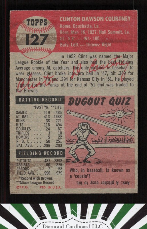 1953 Topps #127 Clint Courtney : Bio uses white text FR a, back