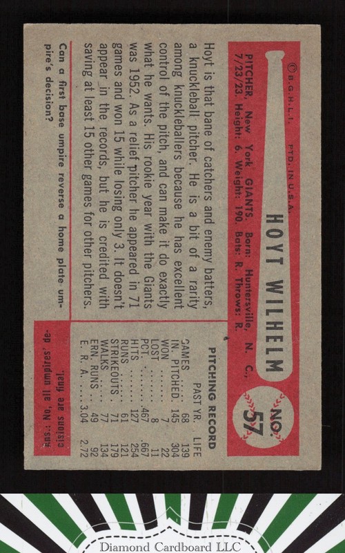 1954 Bowman #57 Hoyt Wilhelm EXMT h, back