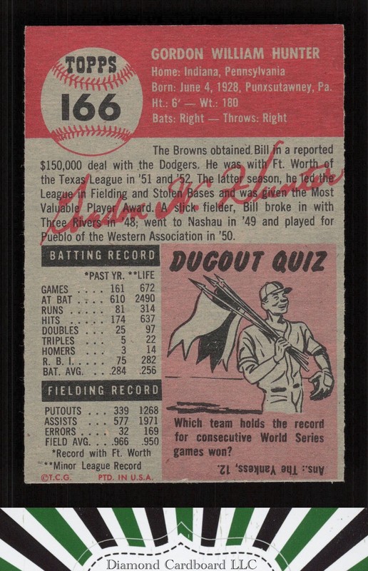 1953 Topps #166 Billy Hunter EX d, back