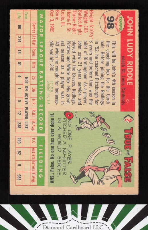 1955 Topps #98 Johnny Riddle VG g, back