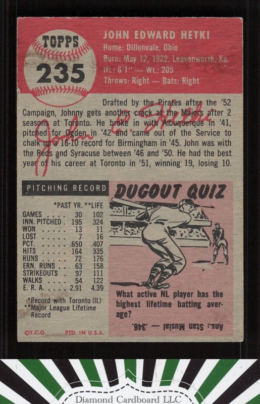 1953 Topps #235 John Hetki VG f, back