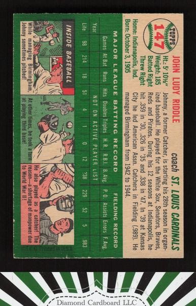 1954 Topps #147 Johnny Riddle GD b, back