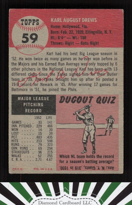 1953 Topps #59 Karl Drews VG (ST) c, back