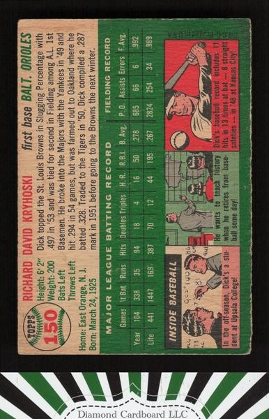 1954 Topps #150 Dick Kryhoski FR n, back