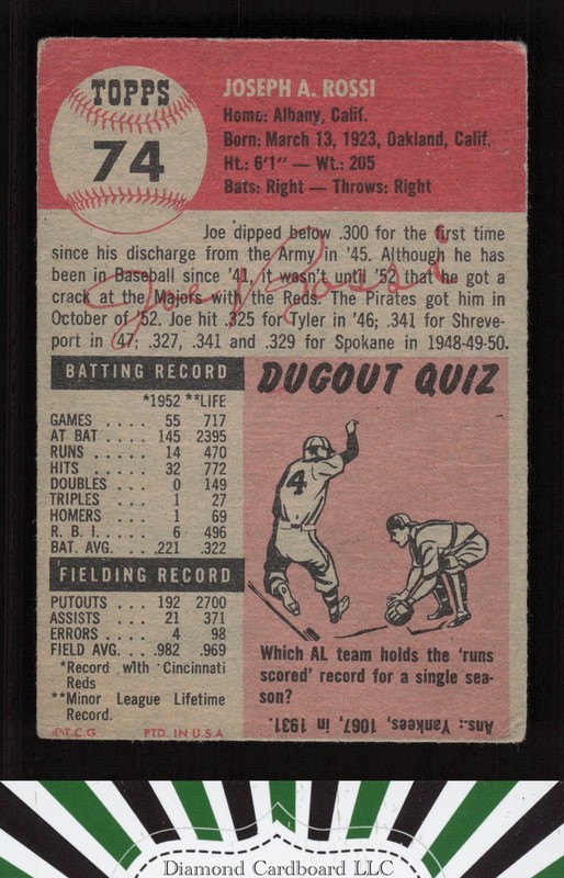 1953 Topps #74 Joe Rossi VG (MC) c, back