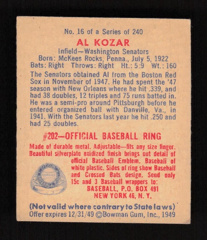 1949 Bowman #16 Al Kozar EX, back