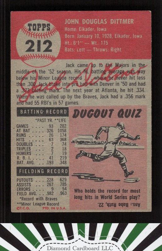 1953 Topps #212 Jack Dittmer EX d, back