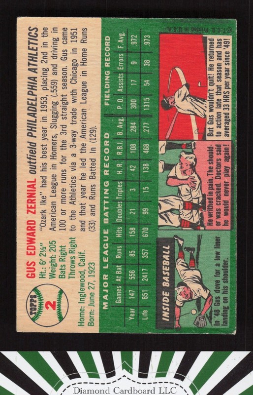 1954 Topps #2 Gus Zernial EX l, back