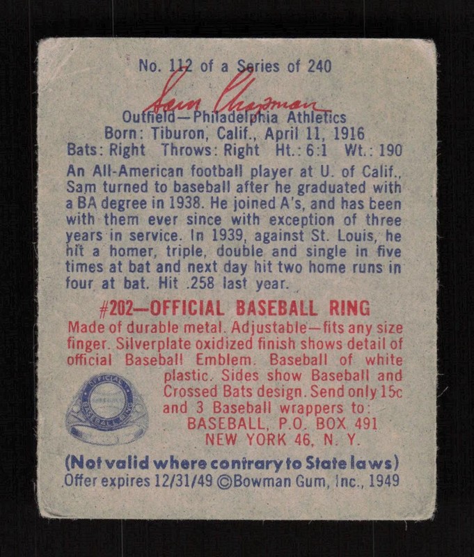 1949 Bowman #112 Sam Chapman VG, back