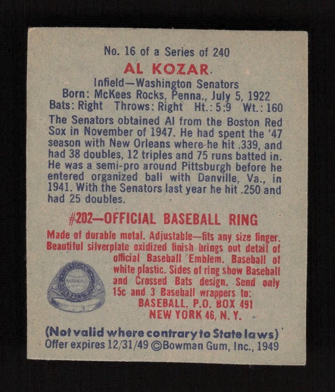 1949 Bowman #16 Al Kozar EX, back