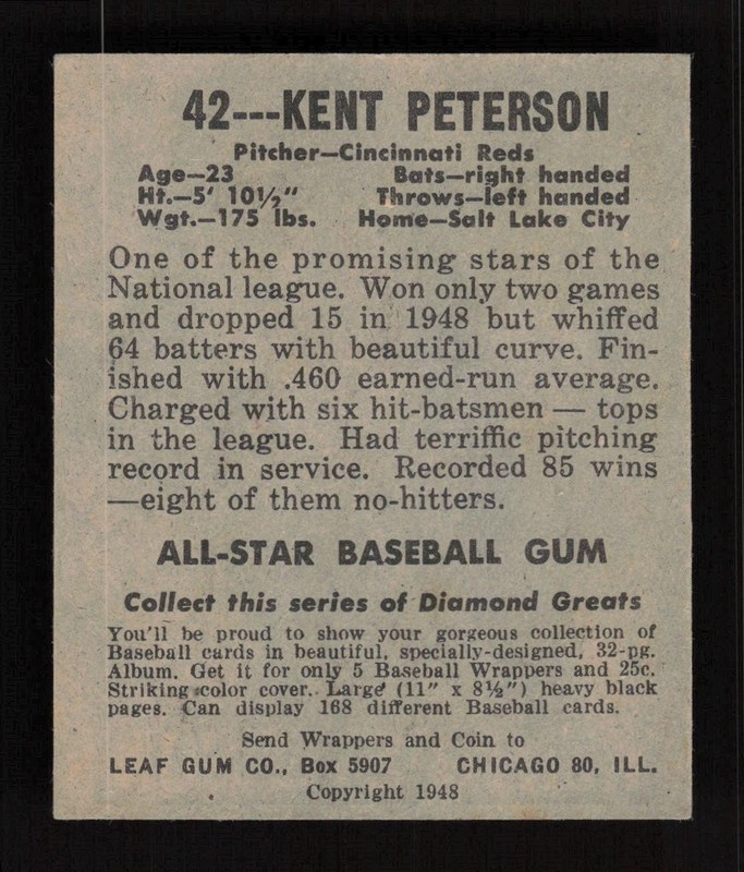 1948 Leaf #42 Kent Peterson Black Cap EX, back