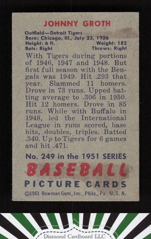 1951 Bowman #249 Johnny Groth VGEX [GOOD CENTERING], back