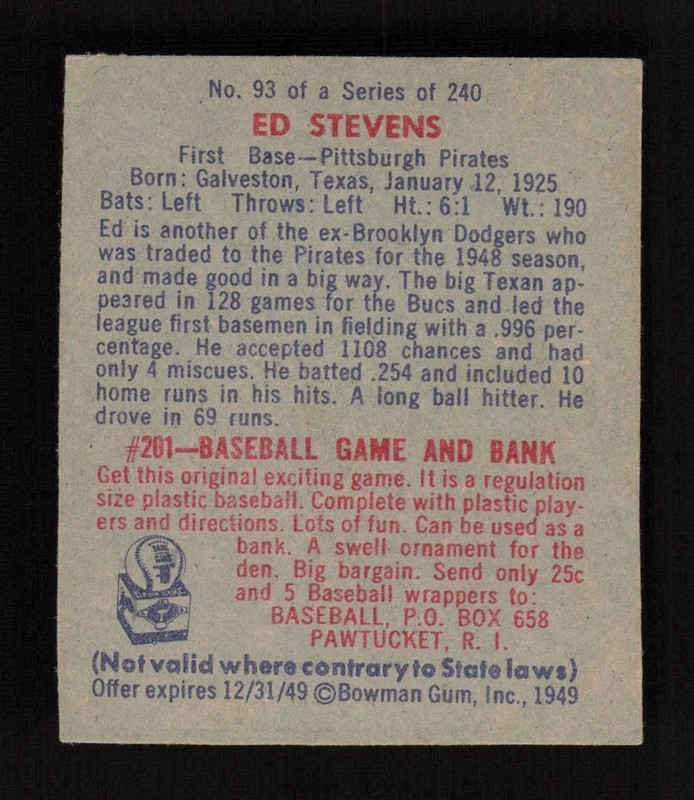 1949 Bowman #93 Ed Stevens EX, back