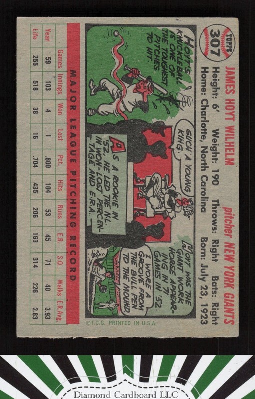 1956 Topps #307 Hoyt Wilhelm VGEX j, back