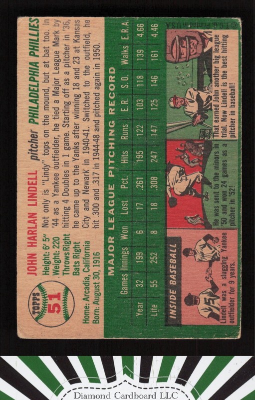 1954 Topps #51 Johnny Lindell GD d, back