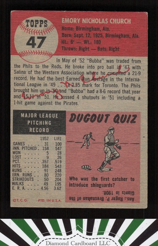 1953 Topps #47 Bubba Church VGEX c, back