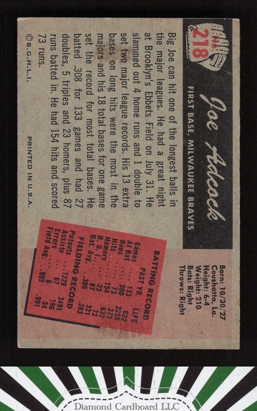 1955 Bowman #218 Joe Adcock VGEX, back
