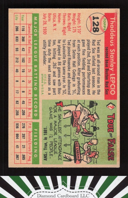 1955 Topps #128 Ted Lepcio VGEX e, back