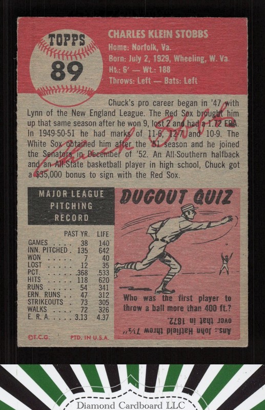 1953 Topps #89 Chuck Stobbs : Bio uses white text VG+ [CENTERED] b, back