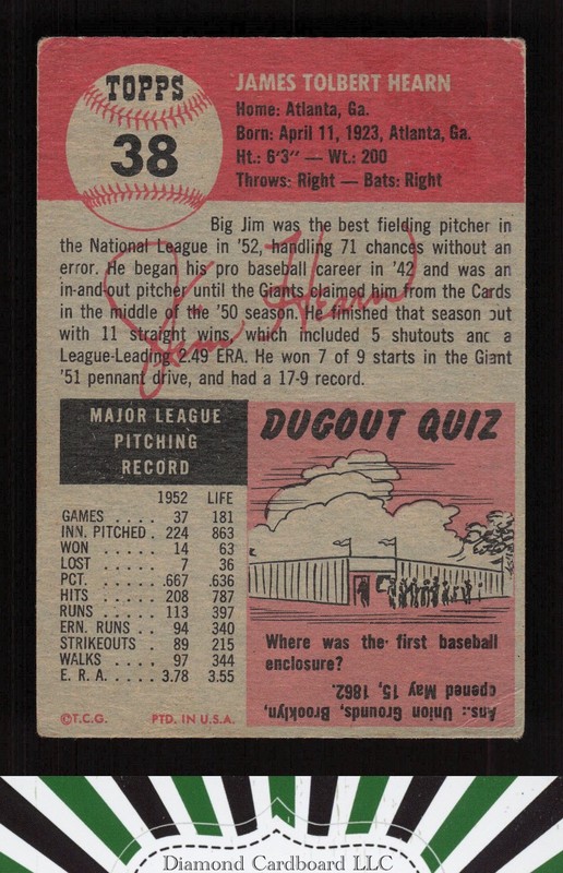 1953 Topps #38 Jim Hearn GD b, back