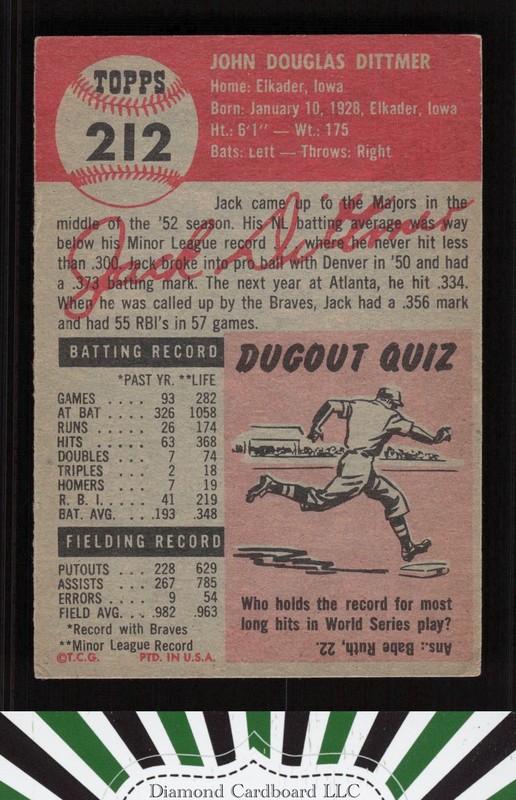 1953 Topps #212 Jack Dittmer VG e, back