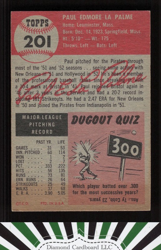 1953 Topps #201 Paul LaPalme EXMT but stain on back h, back