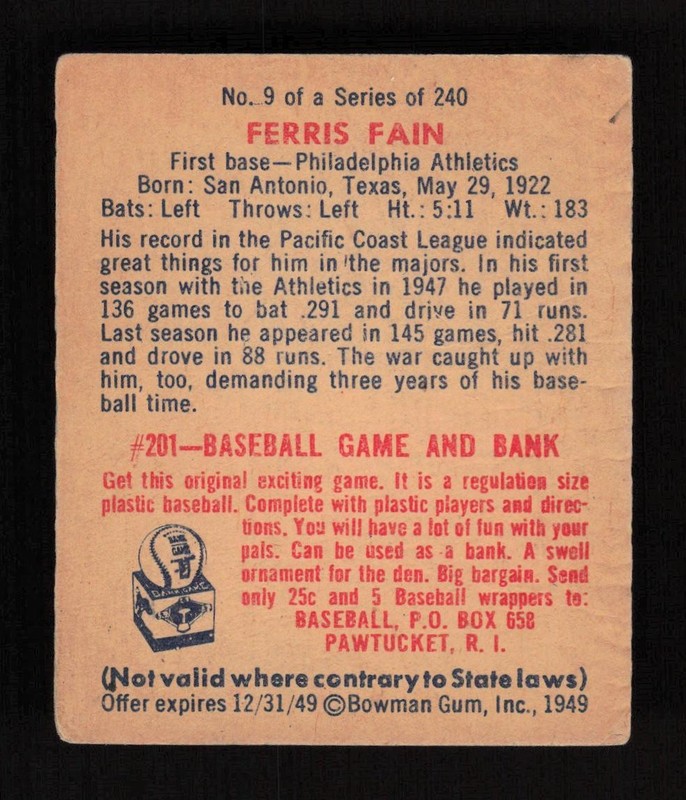 1949 Bowman #9 Ferris Fain VGEX, back