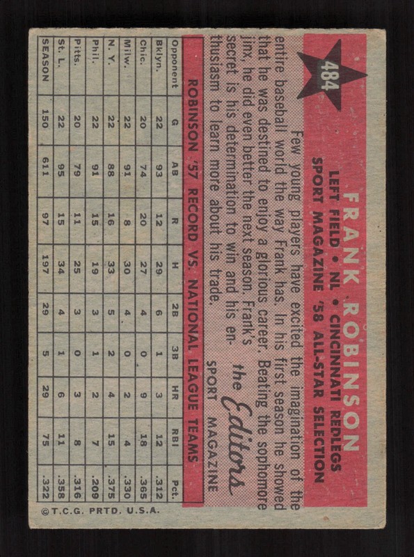 1958 Topps #484 Frank Robinson VGEX d, back