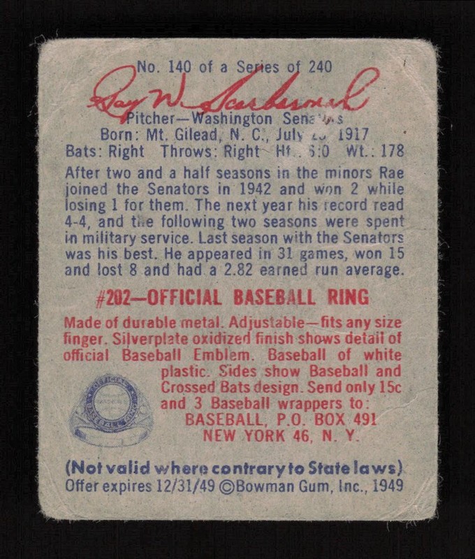 1949 Bowman #140 Rae Scarborough PR, back
