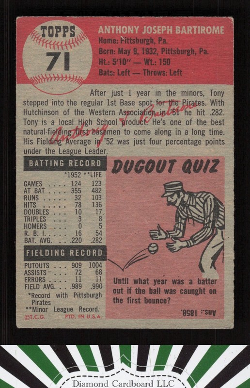 1953 Topps #71 Tony Bartirome VG+ e, back