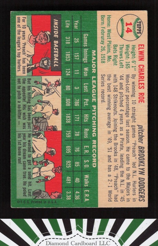 1954 Topps #14 Preacher Roe VGEX+ k, back