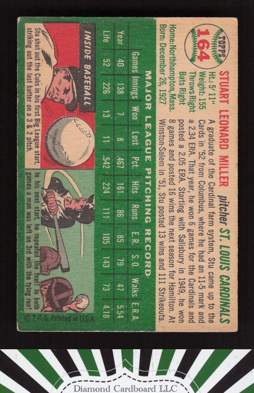 1954 Topps #164 Stu Miller VG a, back